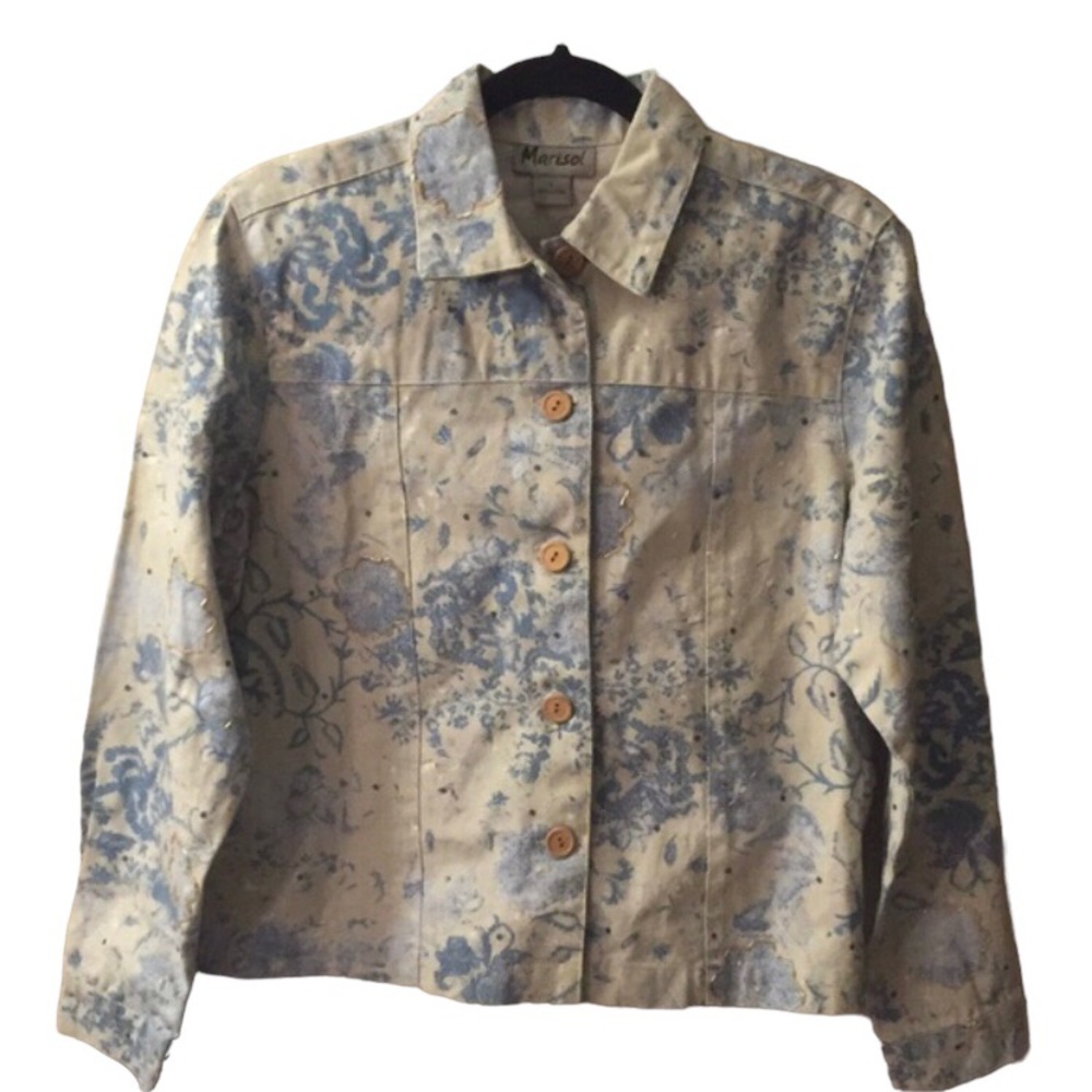 MARISOL Floral Print Beaded Denim Jacket
